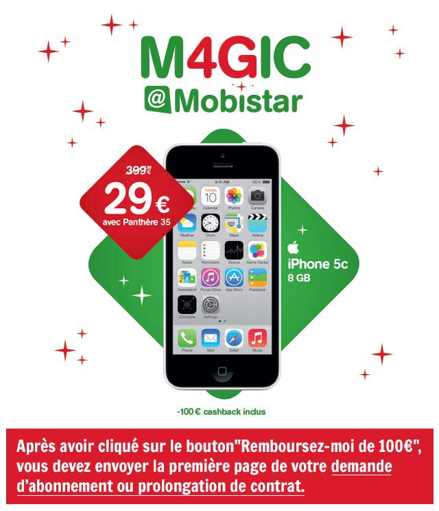 Cashback Mobistar - iPhone 5c 8GB blanc ou bleu 100€ Remboursés sur myShopi