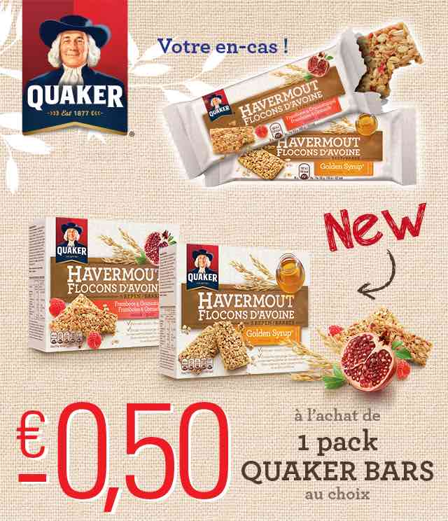 Cashback Quaker Barres aux flocons d'avoine 0,50€ Remboursé sur myShopi