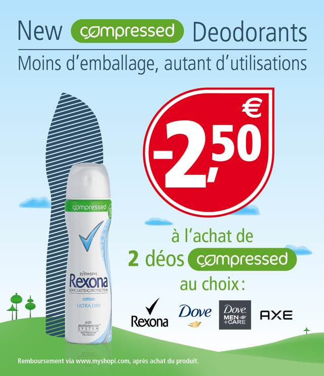 Cashback Rexona, Dove, Dove Men+Care, Axe COMPRESSED 2,50€ Remboursés sur myShopi