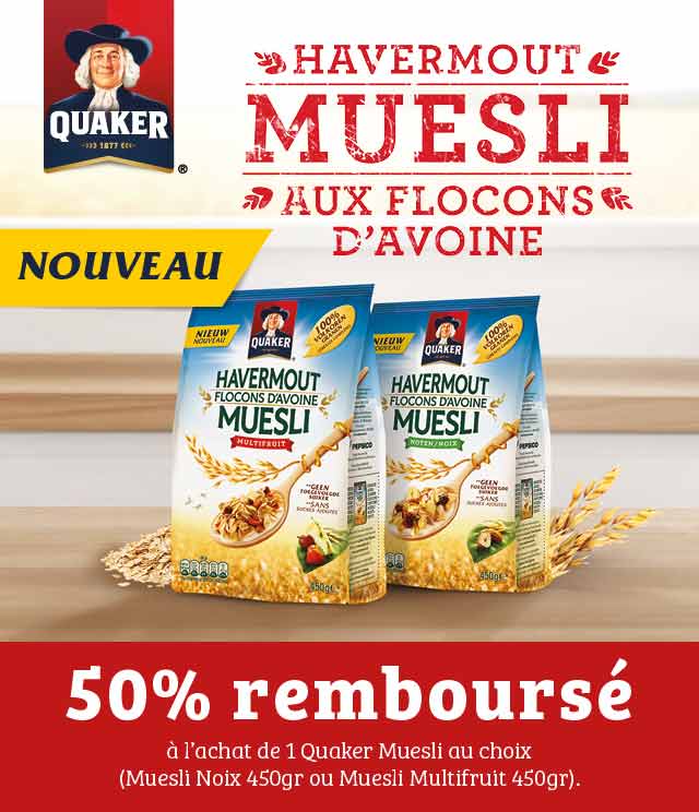 Cashback Quaker Muesli 50% Remboursés sur myShopi
